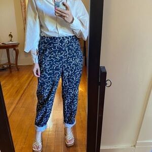 Vintage blue floral flat front high-rise pants